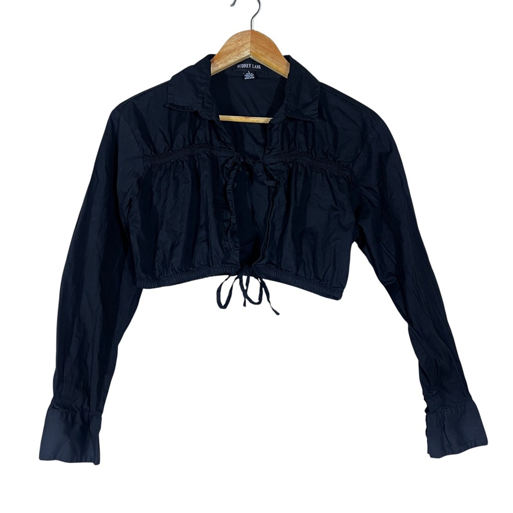 Audrey Lane Tie Front Solid Cropped Blouse Black Goth Gathered Top Size L
